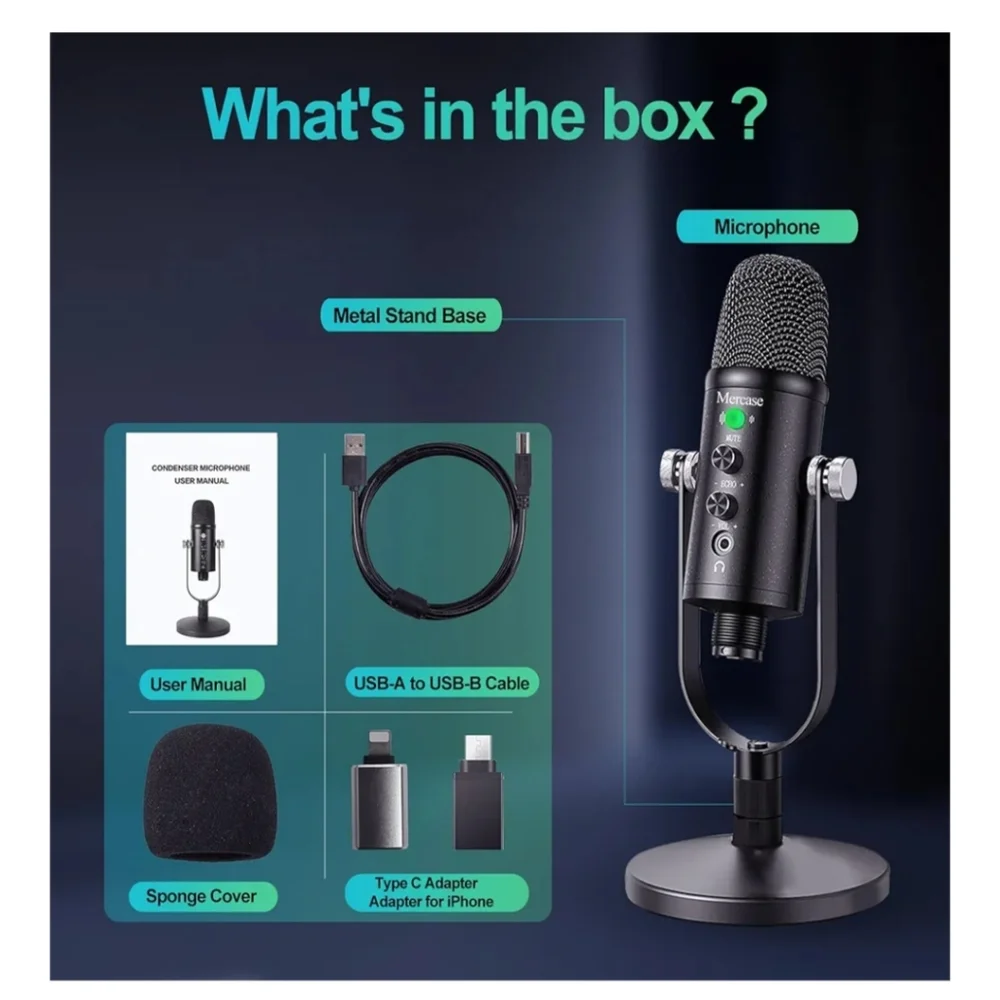 Mercase USB Condenser Microphone for PC, Mac, Phones, PS4/PS5 – Plug & Play